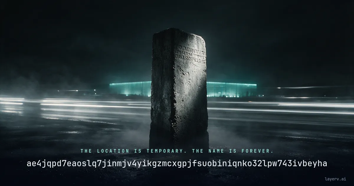 A weathered engraved stone monolith stands on wet asphalt at night while traffic light trails and a glowing data-center facade streak past behind it, over the caption 'The location is temporary. The name is forever.' and a production CRID in monospace type.