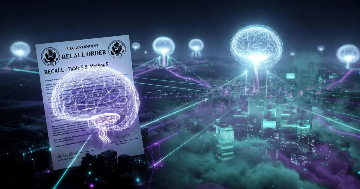 A glowing neural network spreads across a futuristic city while a recall order for Fable 5 and Mythos 5 floats in the foreground.