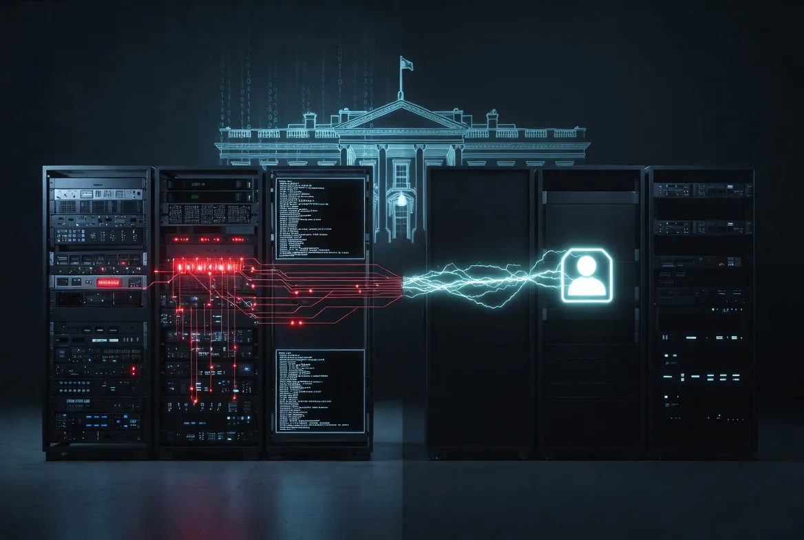 Server racks with the White House in the background, illustrating the intersection of federal cybersecurity policy and infrastructure protection